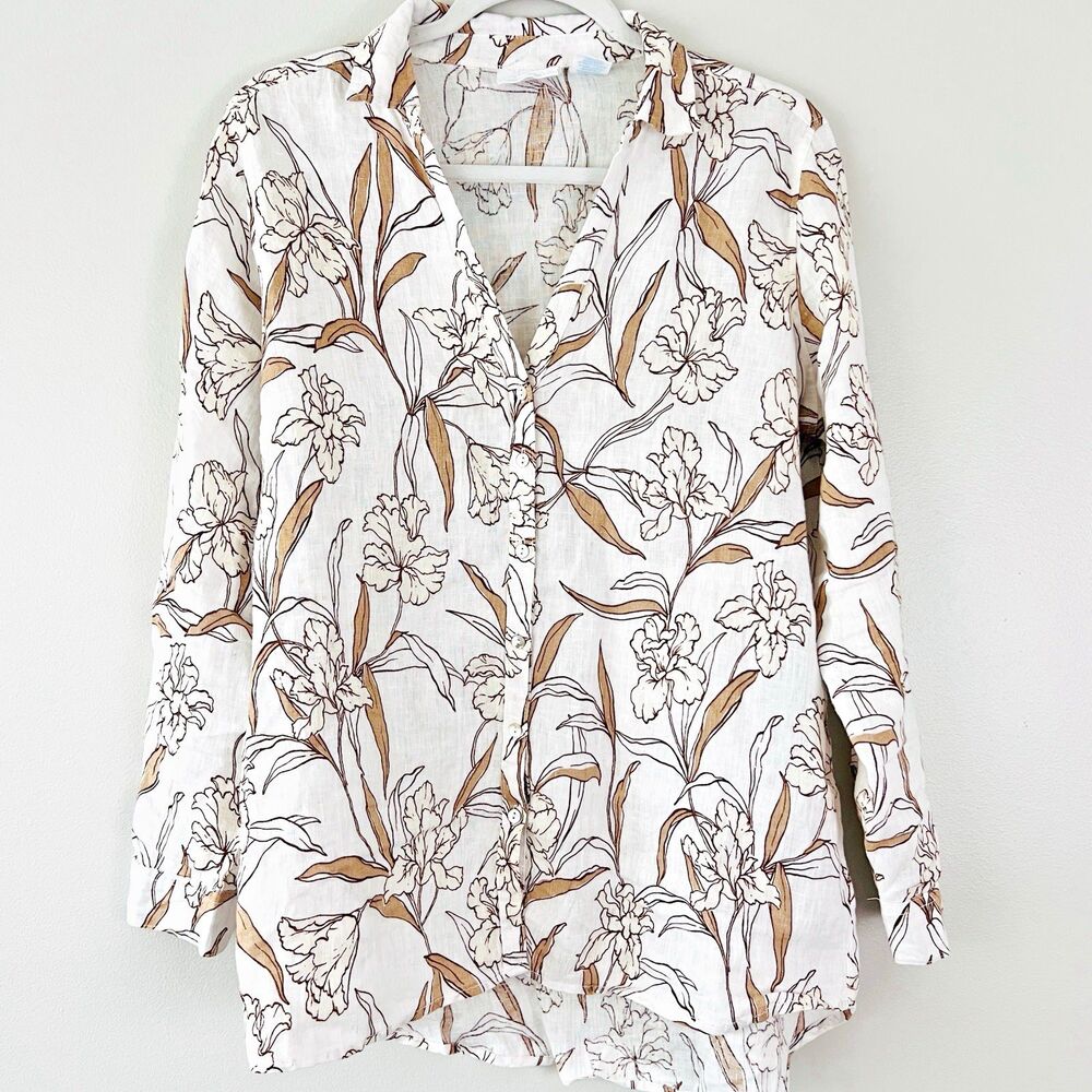 Cynthia Rowley 100% Linen Earthy Brown & White Floral Blouse Resort Wear Medium